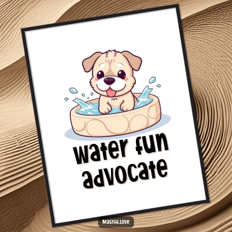 Funny Poster print of a kawaii mastiff dog joyfully playing and splashing in a small doggy pool, full of energy.