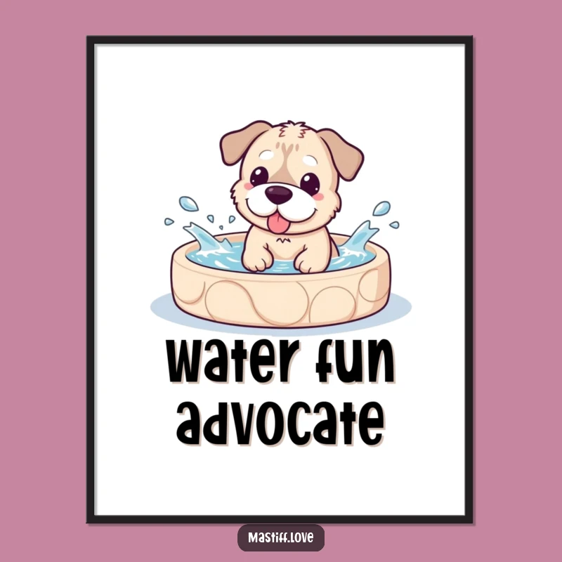 Funny Kawaii Mastiff Pool Splash Poster, Cute Dog Wall Art Gift