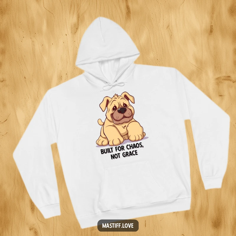 Funny Mastiff Hoodie showcasing a silly dog comically tripping over its large paws with a goofy, wide-eyed expression.