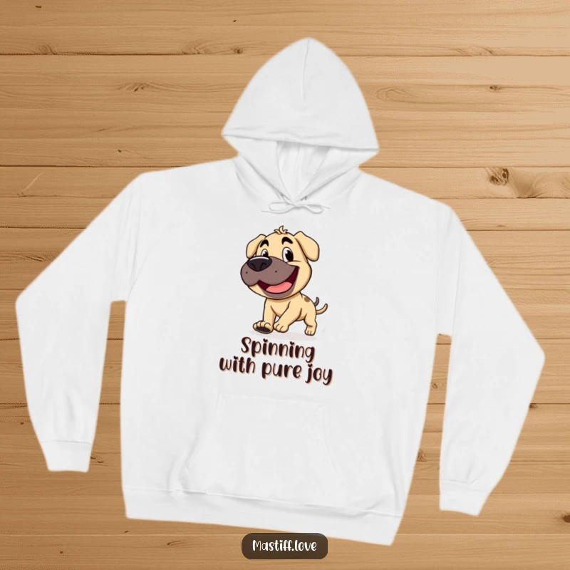 Funny mastiff with a goofy grin, chasing its tail, printed on a cozy hoodie, exuding pure silliness.