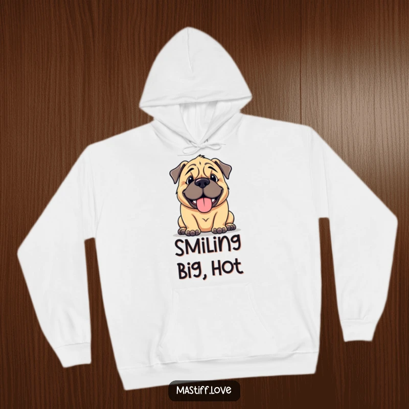Funny mastiff hoodie featuring a large, cuddly dog with a goofy smile and panting happily, offering warmth and humor.
