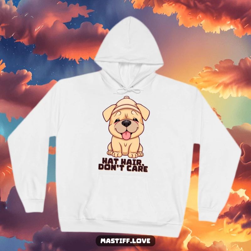 Funny Mastiff Puppy Hoodie: a lovable mastiff puppy wearing a hat, giving a gentle lick, offering comfort and cheerful vibes.