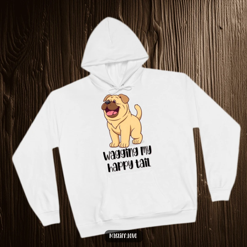 Funny Hoodie featuring a giant mastiff puppy wagging its tail vigorously, radiating pure, unadulterated joy.