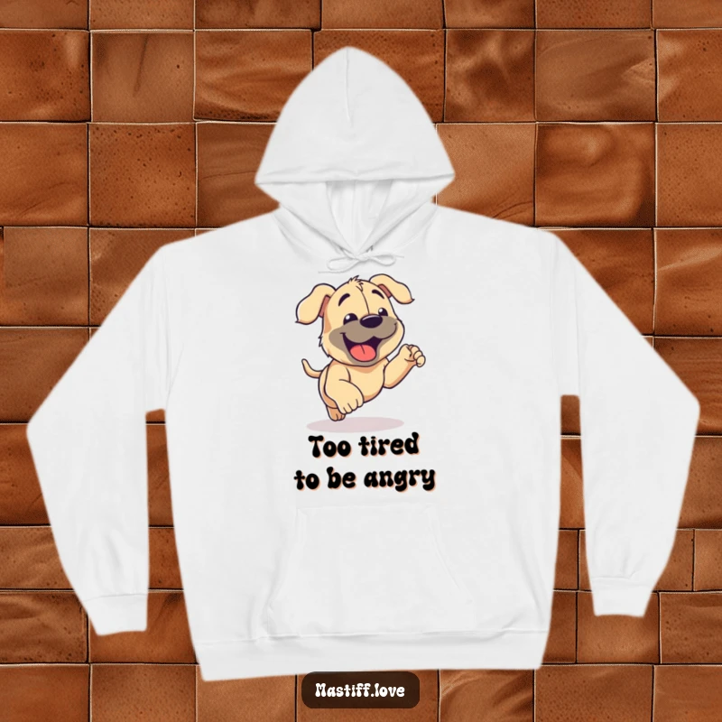 Funny Mastiff Hoodie showing a joyful mastiff panting happily after a playful run, designed for comfort and humor for dog enthusiasts.