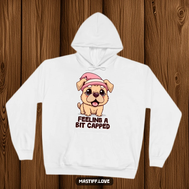Funny Hoodie showcasing a super cute kawaii mastiff dog wearing a funny hat and expressing genuine surprise, ideal for chilly days.