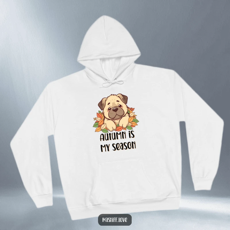 Funny Hoodie depicting a cute kawaii mastiff dog looking comically overwhelmed and buried under a vast pile of colorful fall leaves.