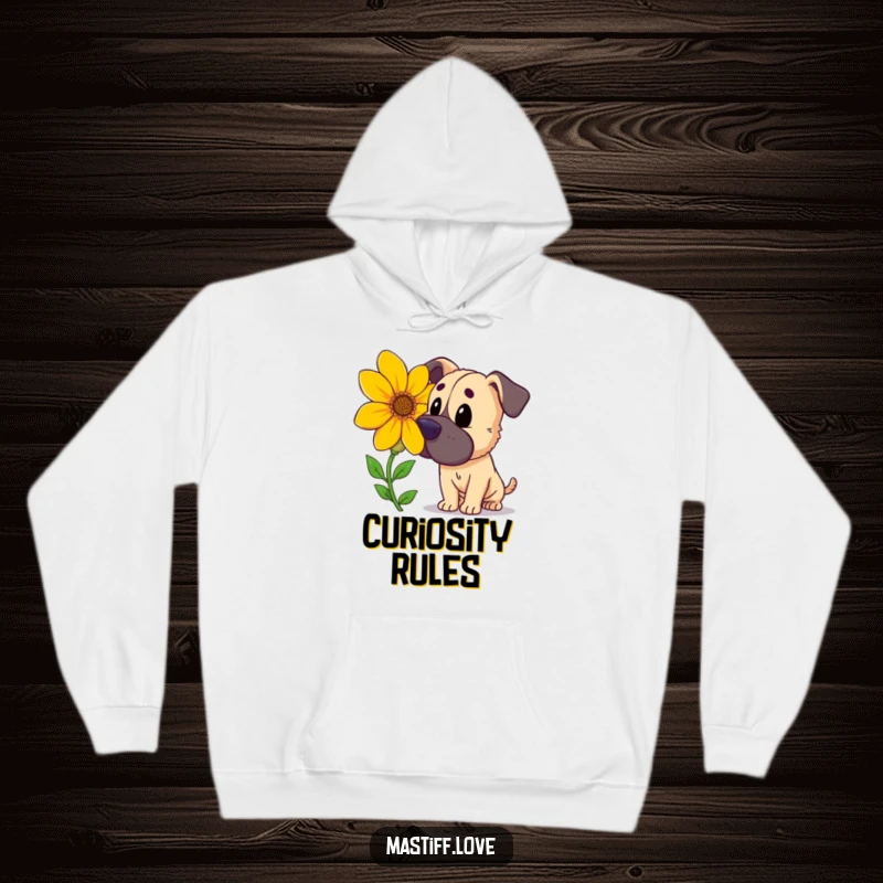Funny curious mastiff, sniffing a large, brightly colored flower, soft hoodie, perfect funny gift idea.