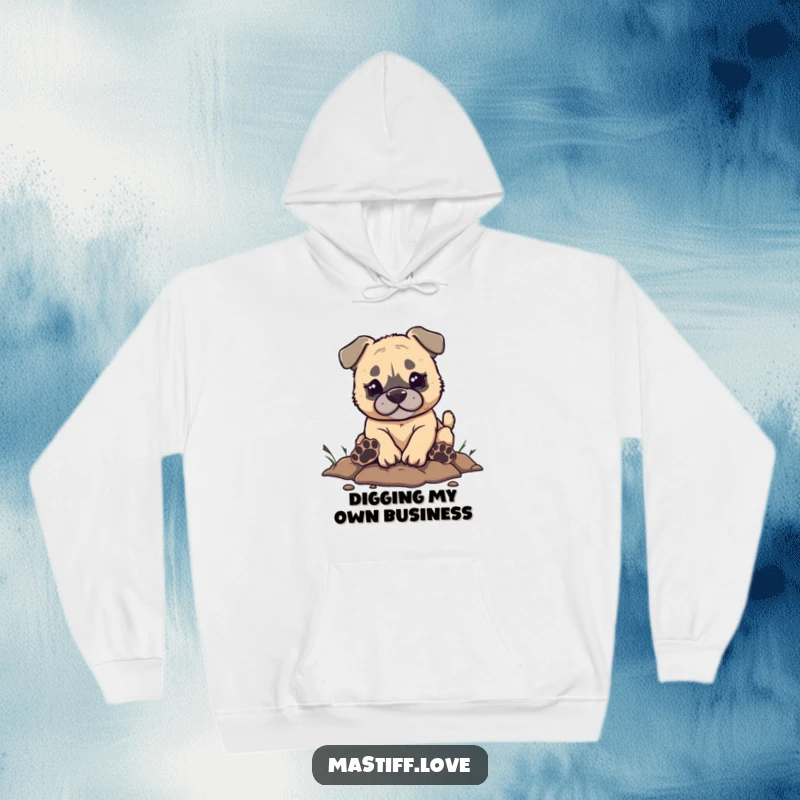 Funny Mastiff Hoodie depicting a small mastiff puppy digging energetically, with comically oversized paw prints, embodying pure, joyous chaos.