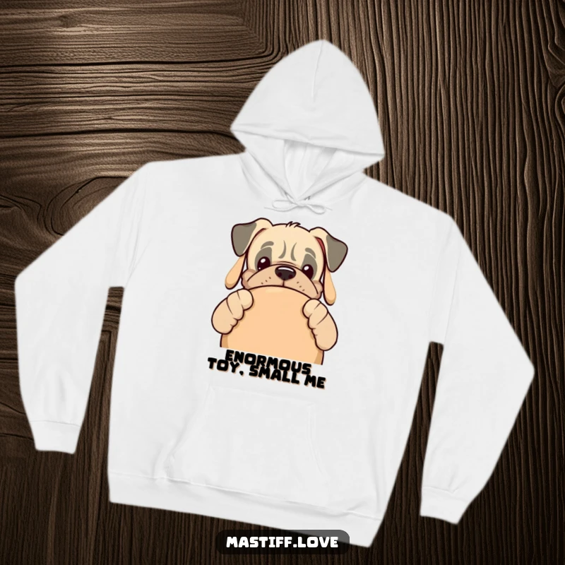 Funny kawaii mastiff dog peeking from behind a comically large dog toy, printed on a warm, cozy hoodie.