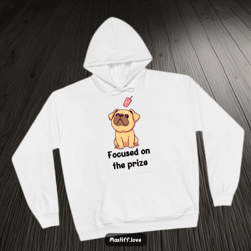 Funny Mastiff Hoodie: A dog with relaxed floppy ears looks up at a floating treat, radiating sweet anticipation.