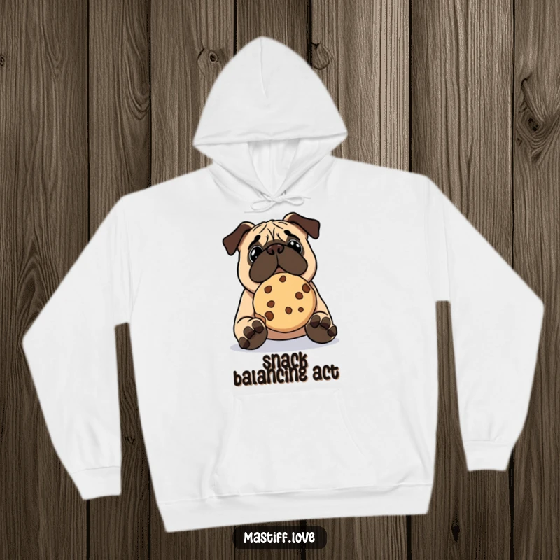 Funny kawaii mastiff hoodie, a cute dog focused on balancing a large cookie on its nose, cozy and humorous.