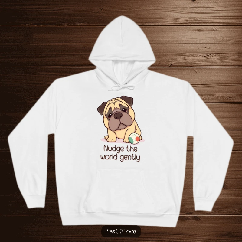 Funny kawaii mastiff hoodie showcasing a lovable mastiff with exaggerated jowls softly nudging a small ball, perfect for cozy days.