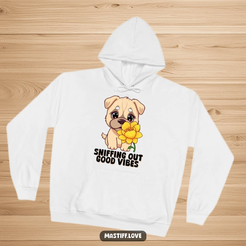 Funny Kawaii Mastiff Hoodie: A cute, curious mastiff with big eyes intently sniffing a comically huge, blooming flower.