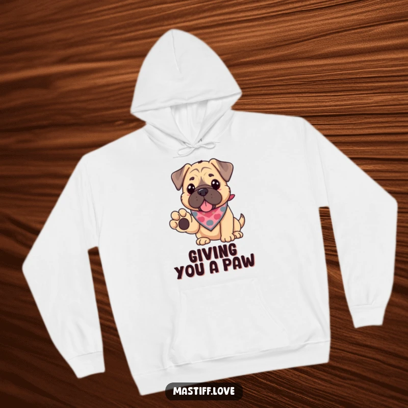 Funny kawaii mastiff hoodie, a cute dog with a bandana offering its paw, symbolizing comfort and companionship.