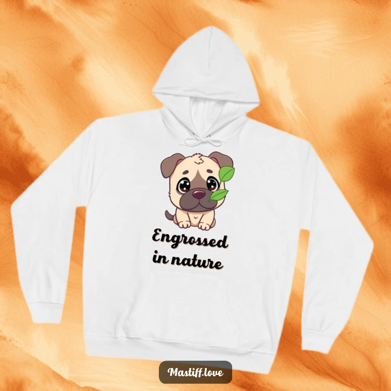Funny hoodie showcasing a cute mastiff character with wide, captivated eyes, observing a delicate fluttering leaf.