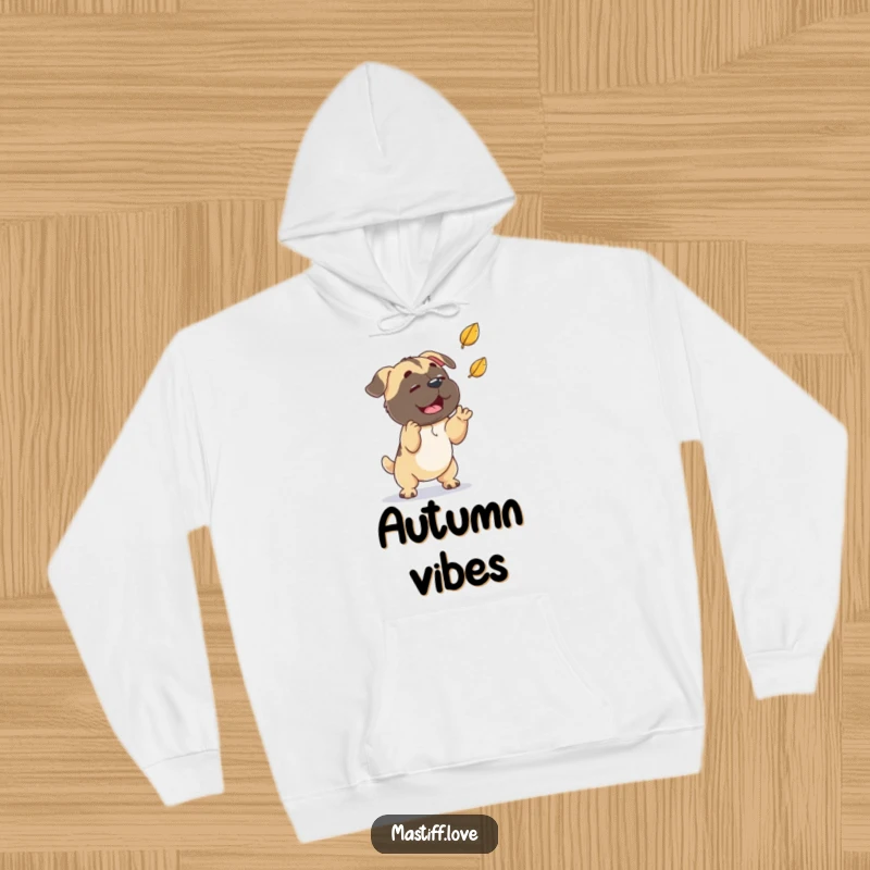 Funny playful mastiff, focused on catching a falling leaf, soft hoodie, perfect funny gift idea.
