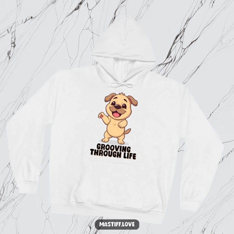 Funny hoodie depicting a happy mastiff doing a silly wiggle dance, providing cozy comfort and comical vibes for a funny gift.