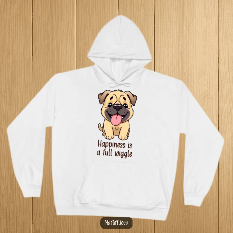 Funny Happy Mastiff Hoodie: A mastiff conveys immense joy by wagging its entire body, tongue lolling out, in a cozy design.