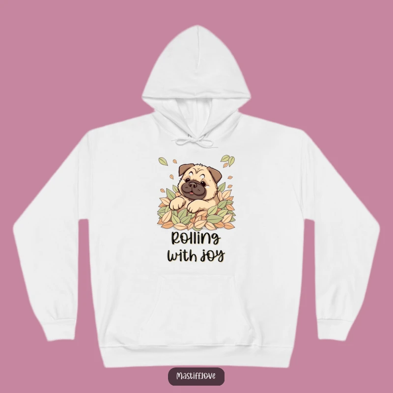 Happy Kawaii Mastiff Leaves Hoodie: Cozy Rolling Dog, Warm Autumn Funny Gift