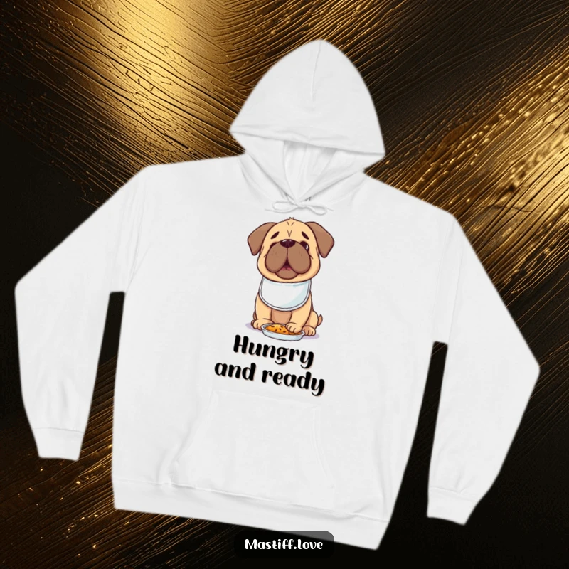 Cozy Kawaii Mastiff Hoodie featuring a cute dog in a tiny bib, looking excitedly at food, perfect for relaxation.
