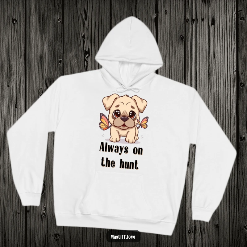 Kawaii Mastiff Hoodie featuring a cute dog with innocent eyes chasing a butterfly, offering warmth and adorableness.
