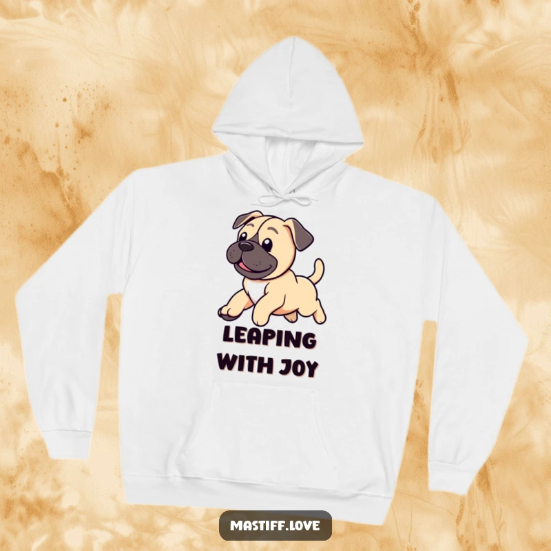 Funny hoodie featuring an adorable mastiff puppy leaping with joy, its tail a blur of happy motion.