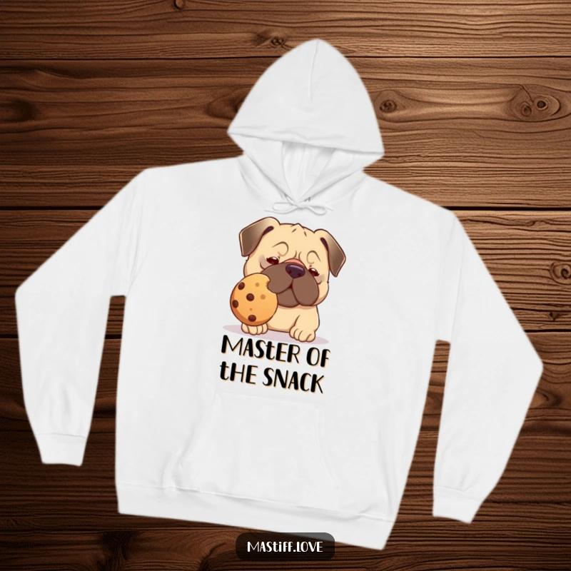 Funny kawaii mastiff hoodie, a cute dog trying to balance a giant cookie on its nose, very focused.