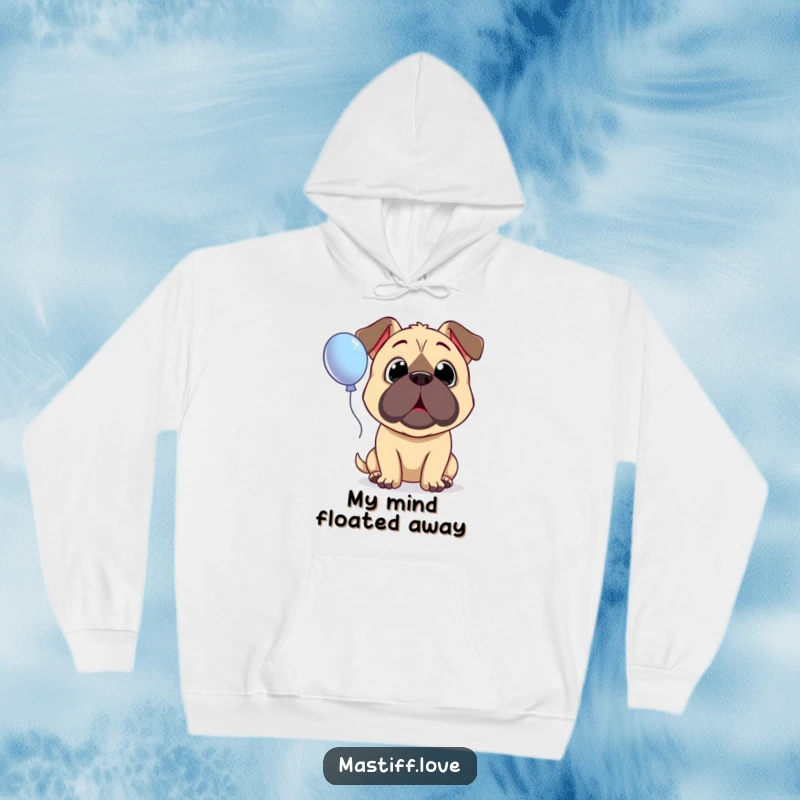 Funny Surprised Mastiff Hoodie showcasing a dog with wide, innocent eyes gazing in amazement at a floating balloon.