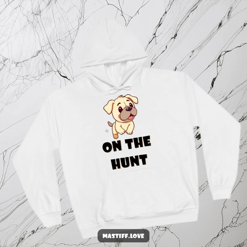 Funny hoodie showcasing a kawaii mastiff with characteristic droopy ears, enthusiastically engaged in a silly chase.