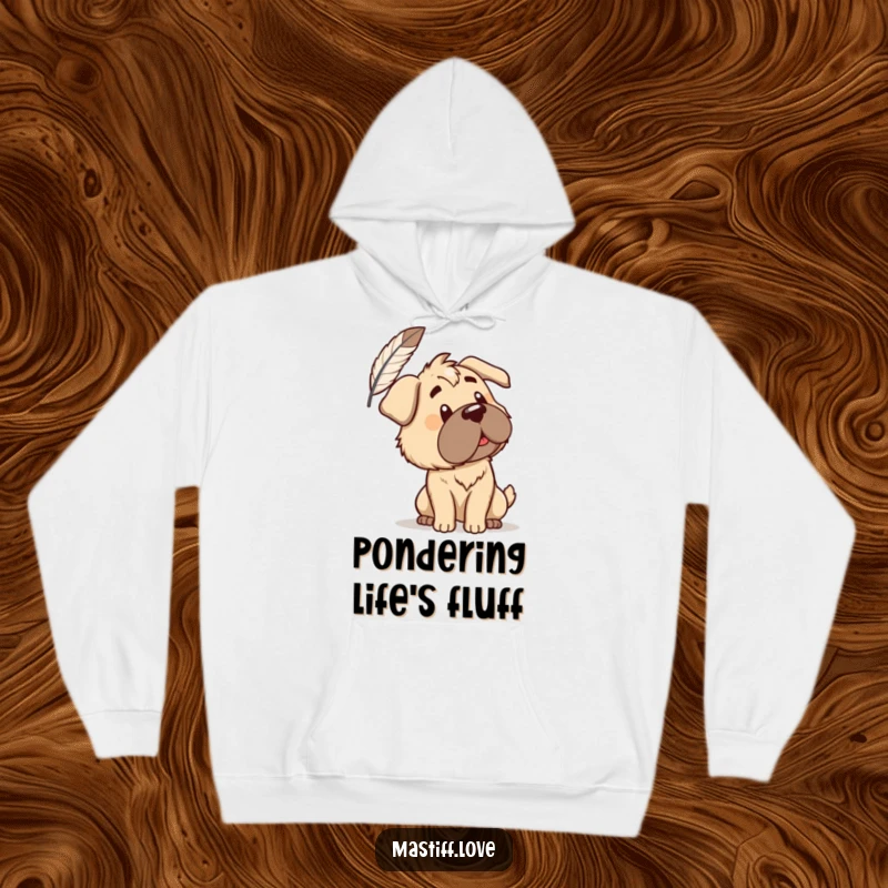 Funny Hoodie: A curious mastiff tilts its head at a floating feather, embodying gentle contemplation. A warm and humorous gift.