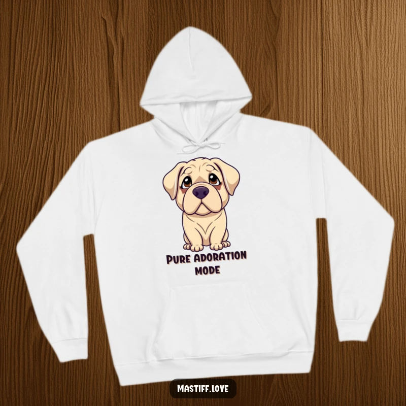 Funny mastiff hoodie featuring a gentle dog with droopy eyes looking up with adoration, offering warmth and a heartwarming design.