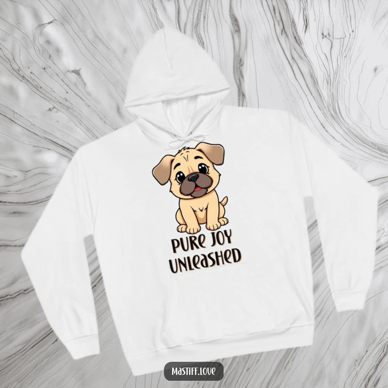 Funny kawaii mastiff hoodie, a cute, happy dog with floppy ears enthusiastically wagging its tail, perfect for cozying up.