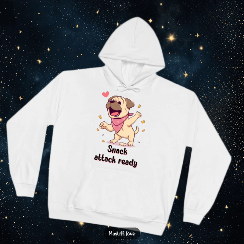 Funny Hoodie: An excited mastiff wearing a bandana jumps enthusiastically for a treat. A warm and humorous gift for dog lovers.