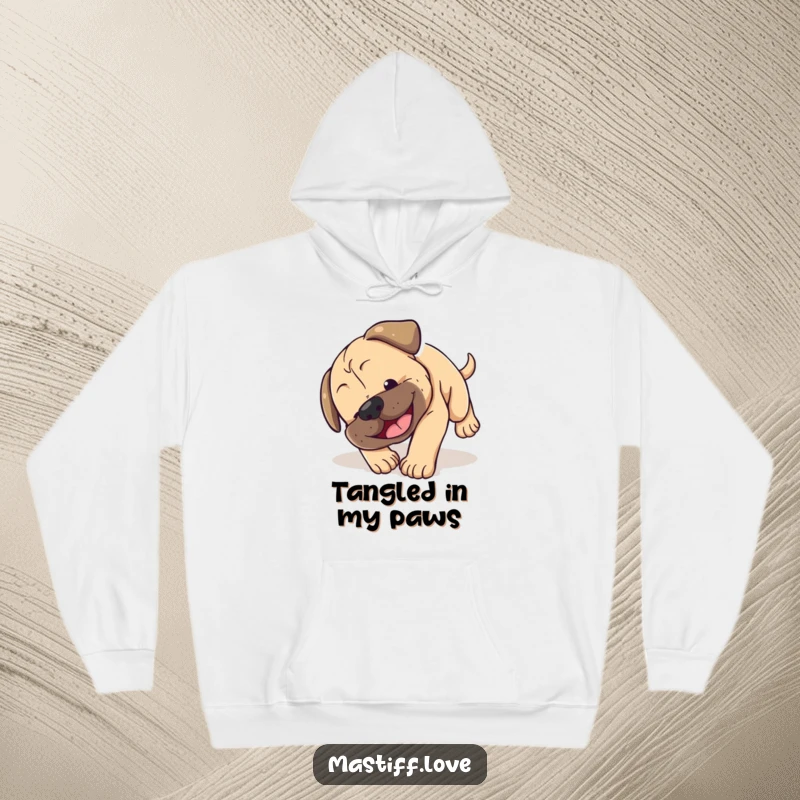 Funny Mastiff puppy hoodie showing a little dog hilariously tumbling head over paws with a sweet smile, perfect for cozy comfort.