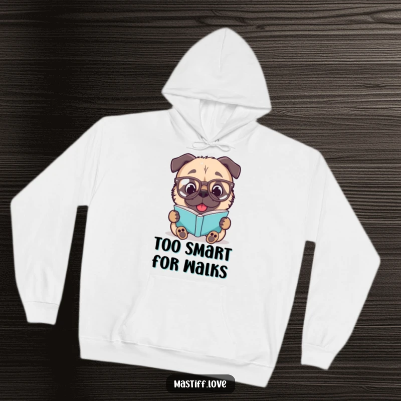 Funny Mastiff Hoodie: Cozy apparel with a delighted dog wearing spectacles, engrossed in a book, perfect for bookish comfort.