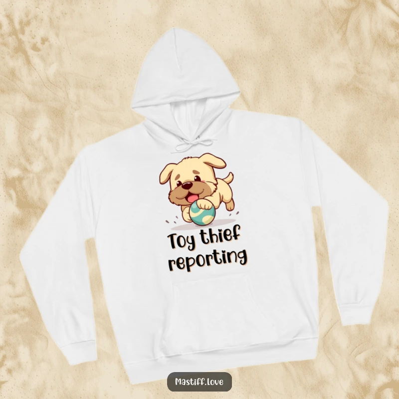 Funny hoodie displaying a charming Kawaii mastiff puppy playfully pursuing a bouncy toy with great enthusiasm.
