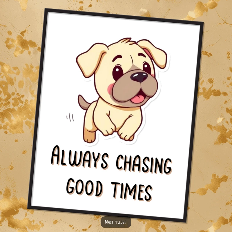 Funny Free Printable Wall Art: Cute Kawaii Mastiff with Droopy Ears Running Silly in a Chase