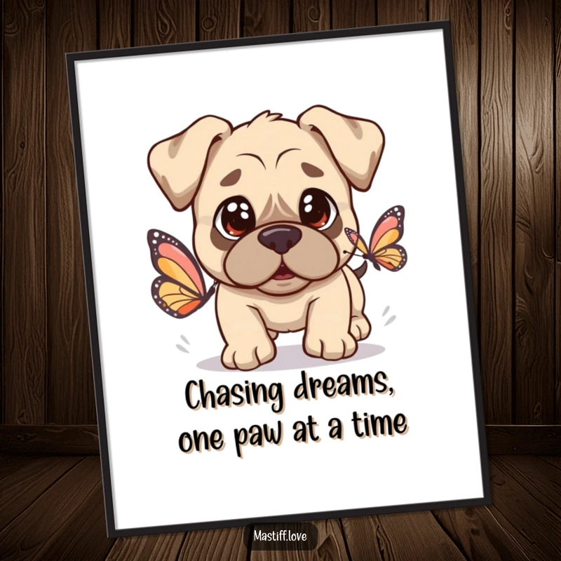 Funny Free Printable Kawaii Mastiff Wall Art: A kawaii mastiff with big eyes, playfully chasing a butterfly.