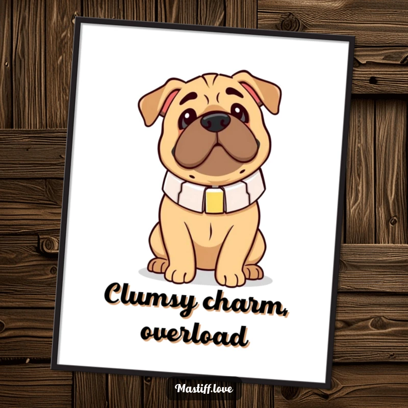 Funny Free Printable Wall Art: A mastiff sports a comically oversized collar, exuding an endearingly clumsy charm.