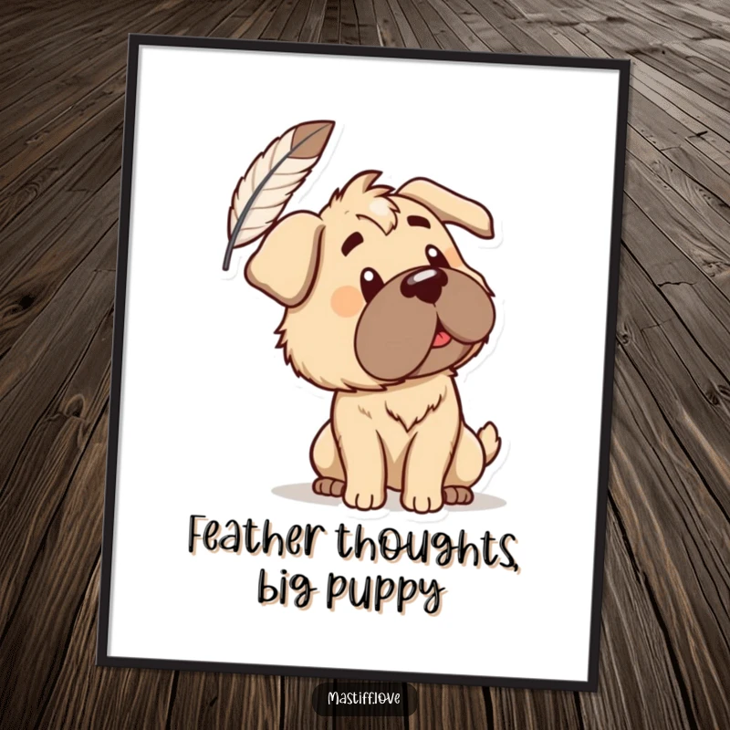 Funny Free Printable Wall Art: A curious mastiff tilts its head, intently watching a single feather float by.