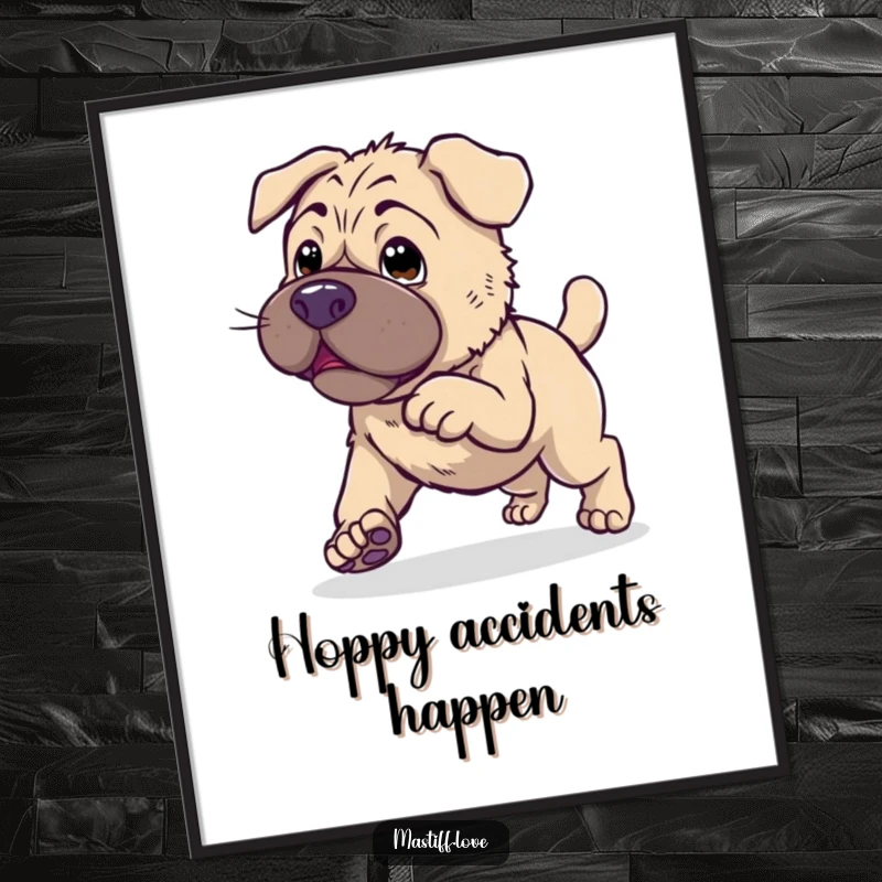 Funny Free Printable Clumsy Mastiff Wall Art: A kawaii mastiff hilariously attempting to hop, looking endearingly clumsy.