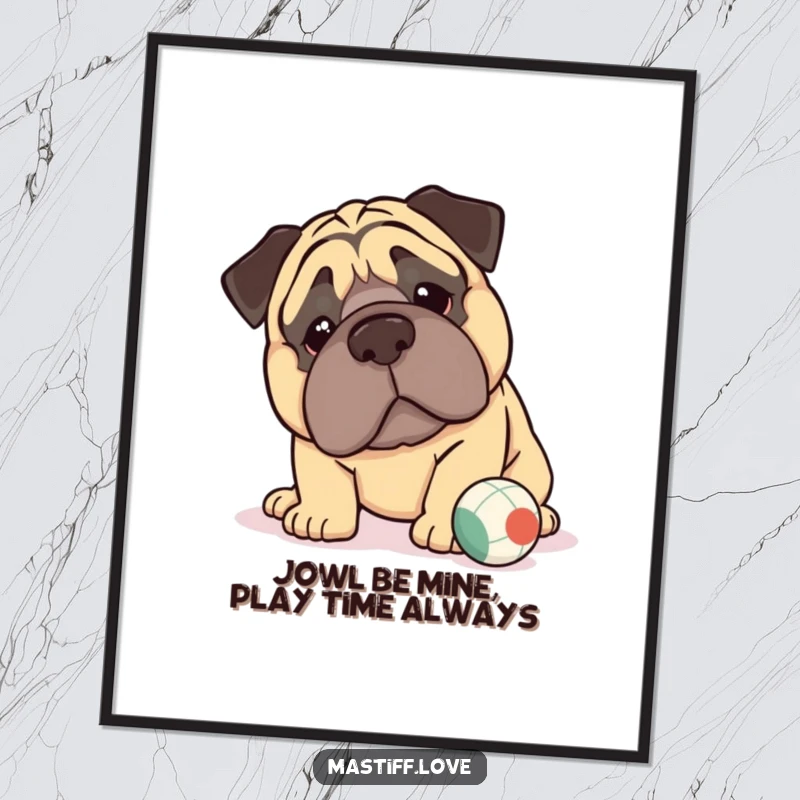 Funny Free Printable Kawaii Mastiff Jowls Wall Art: A cute mastiff with huge jowls nudges a tiny ball, creating adorable, downloadable decor.