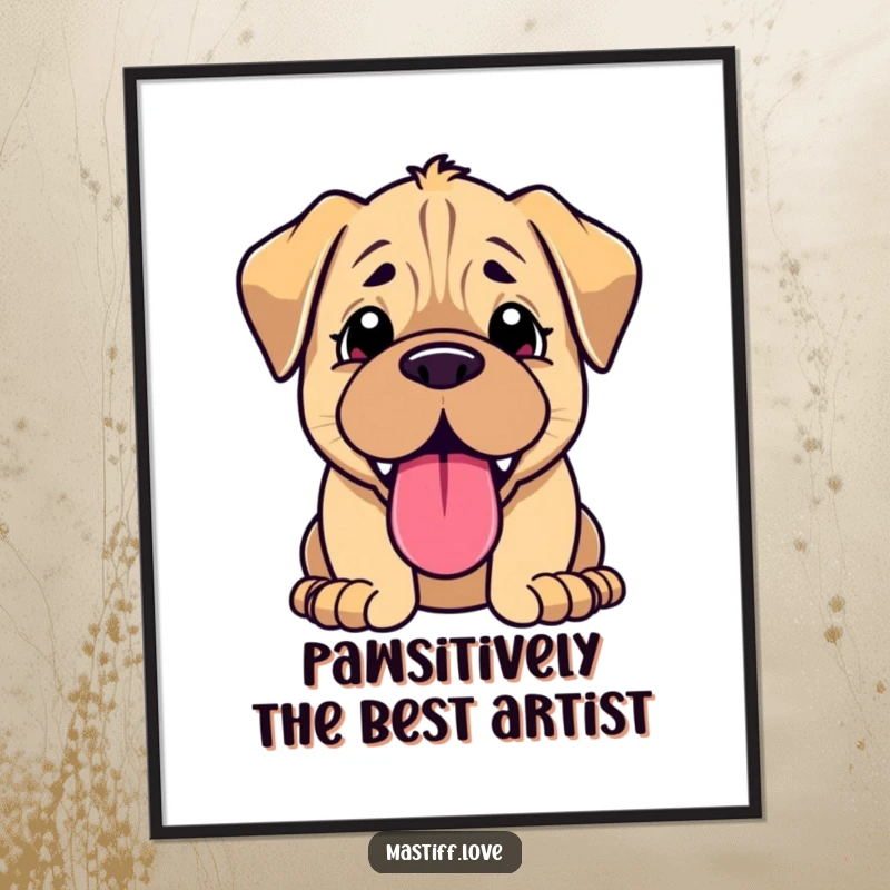 Funny Free Printable Wall Art: Kawaii mastiff puppy with a huge, joyful tongue hanging out, a humorous and cute digital download.