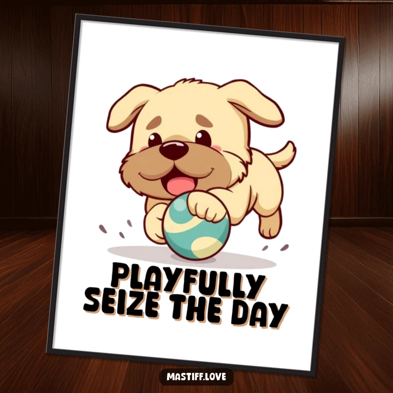 Funny free printable wall art of a cute kawaii mastiff puppy in mid-chase, focused on a bouncing toy.
