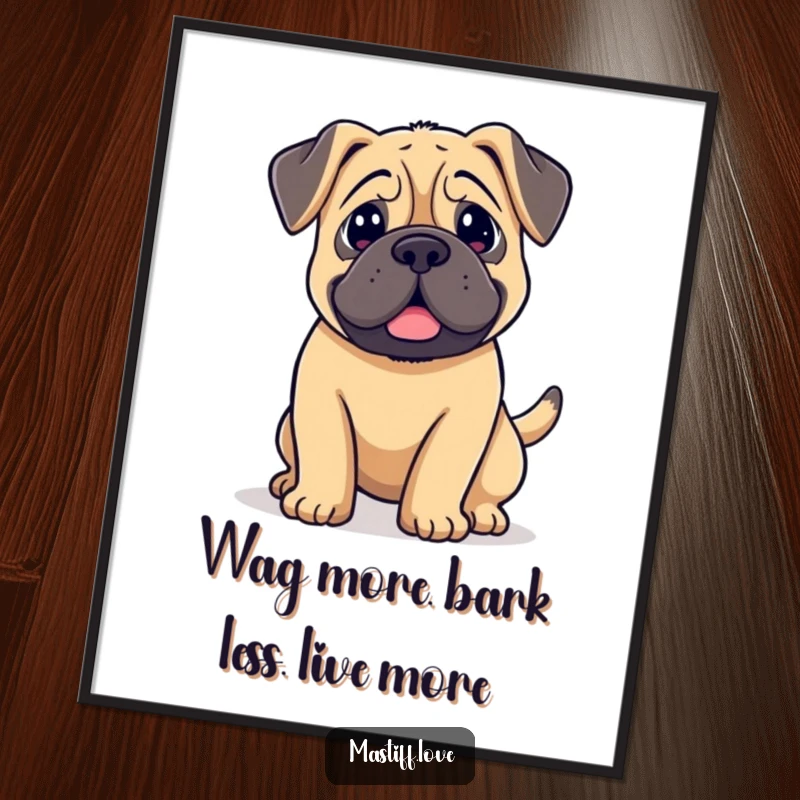 Funny Free Printable Wall Art: Kawaii mastiff with long floppy ears, its tail wagging with overwhelming happiness, cute digital art.