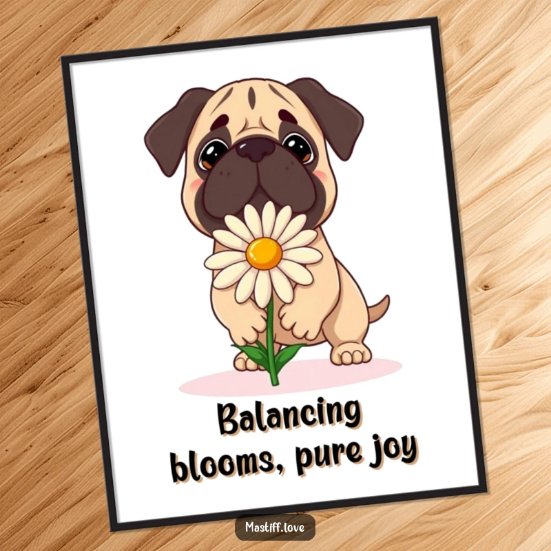 Funny Free Printable Wall Art: A mastiff humorously attempts to keep a large daisy balanced on its head.