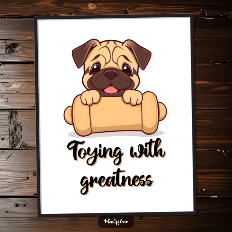 Funny Free Printable Wall Art: Joyful Mastiff Puppy Peeking From an Oversized Chew Toy with Glee