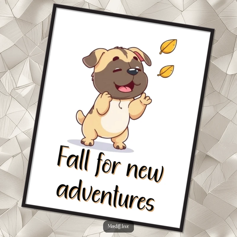 Funny Free Printable Wall Art: A playful mastiff jumps to catch a falling leaf, capturing a moment of pure outdoor fun. Get this art!