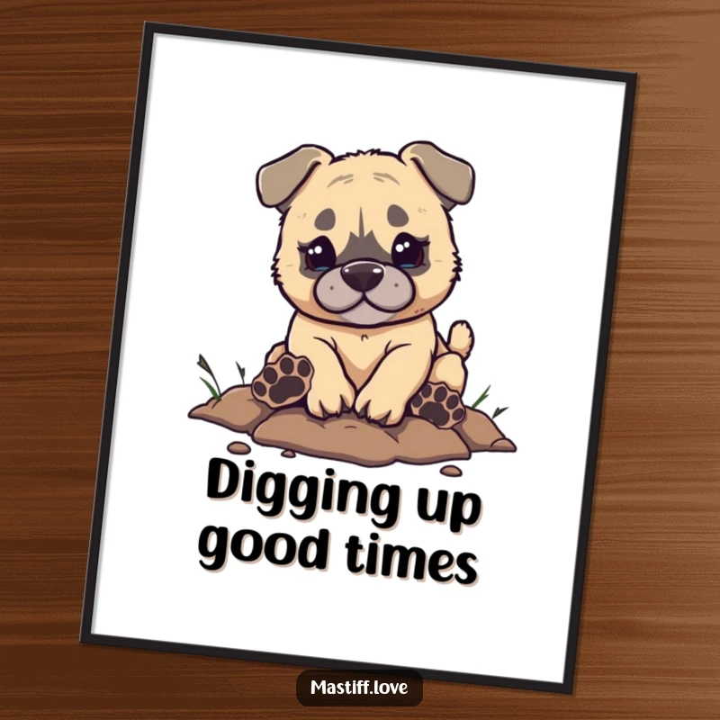 Funny Free Printable Wall Art: A small mastiff enthusiastically digs, leaving comically large paw prints on the ground.