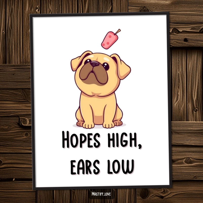 Funny Free Printable Wall Art: A mastiff with floppy ears intently looks up at a treat suspended in the air.
